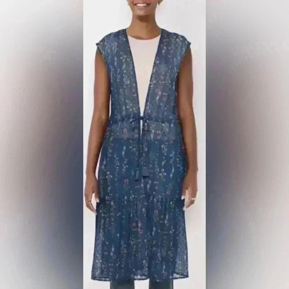 NWOT LC By Lauren Conrad Linear Botanical Long Vest  One Size Navy Blue Floral - Picture 2 of 14
